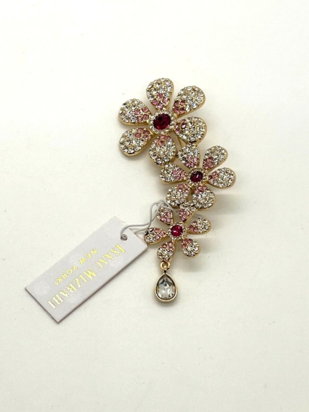 Isaac Mizrahi Gold-Tone Crystal & Pink Daisy Brooch Pin With Teardrop Accent - Picture 2 of 13